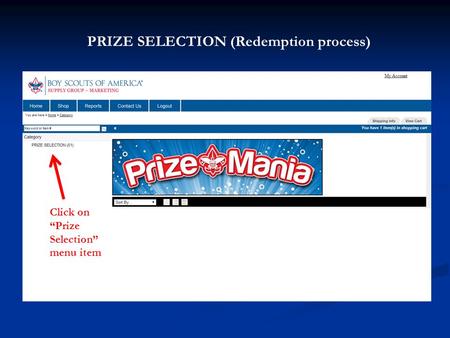 PRIZE SELECTION (Redemption process) Click on “Prize Selection” menu item.