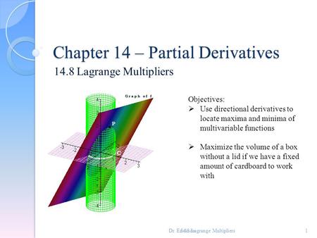 Chapter 14 – Partial Derivatives 14.8 Lagrange Multipliers 1 Objectives:  Use directional derivatives to locate maxima and minima of multivariable functions.