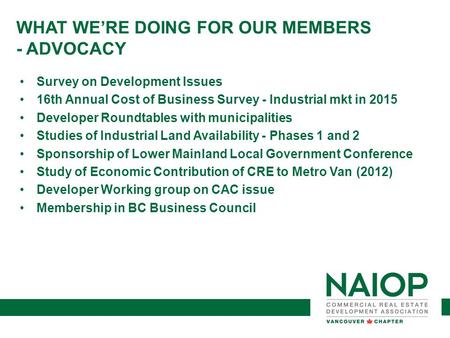 WHAT WE’RE DOING‎ FOR OUR MEMBERS - ADVOCACY Survey on Development Issues 16th Annual Cost of Business Survey - Industrial mkt in 2015 Developer Roundtables.