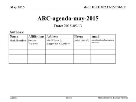 May 2015 Agenda doc.: IEEE 802.11-15/0566r2 Mark Hamilton, Ruckus WirelessSlide 1 ARC-agenda-may-2015 Date: 2015-05-13 Authors: