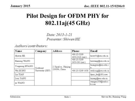 Doc.:IEEE 802.11-15/0206r0 Submission January 2015 Shiwen He, Haiming Wang Pilot Design for OFDM PHY for 802.11aj(45 GHz) Authors/contributors: Date: 2015-1-21.