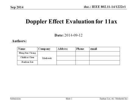 Doc.: IEEE 802.11-14/1222r1 SubmissionSlide 1 Doppler Effect Evaluation for 11ax Date: 2014-09-12 Authors: Jianhan Liu, etc. Mediatek Inc. Sep 2014.