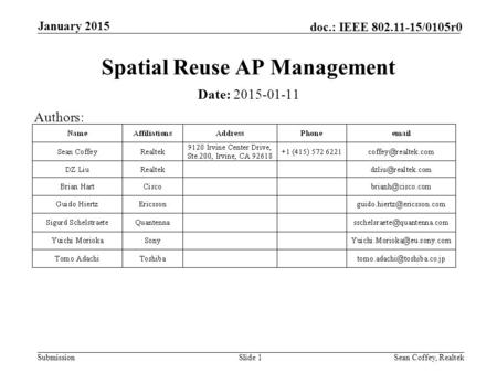 Submission doc.: IEEE 802.11-15/0105r0 January 2015 Sean Coffey, RealtekSlide 1 Spatial Reuse AP Management Date: 2015-01-11 Authors:
