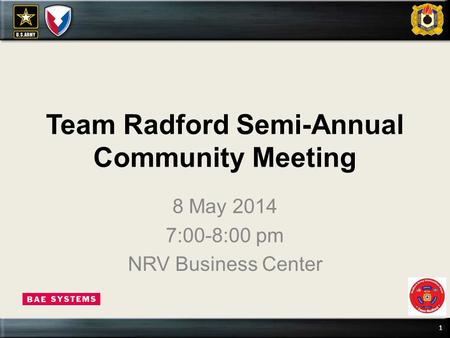 UNCLASSIFIED 1 Team Radford Semi-Annual Community Meeting 8 May 2014 7:00-8:00 pm NRV Business Center.