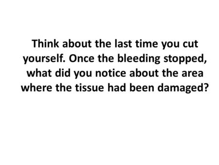 Think about the last time you cut yourself. Once the bleeding stopped, what did you notice about the area where the tissue had been damaged?