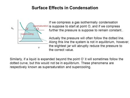 P v Surface Effects in Condensation If we compress a gas isothermally condensation is suppose to start at point O, and if we compress further the pressure.