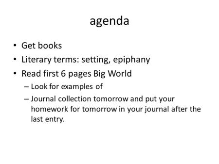 Agenda Get books Literary terms: setting, epiphany Read first 6 pages Big World – Look for examples of – Journal collection tomorrow and put your homework.