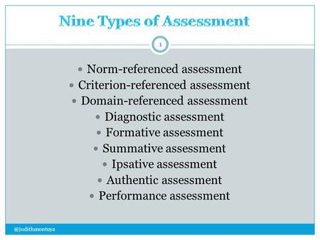 Norm-referenced assessment Criterion-referenced assessment Domain-referenced assessment Diagnostic assessment Formative assessment Summative assessment.