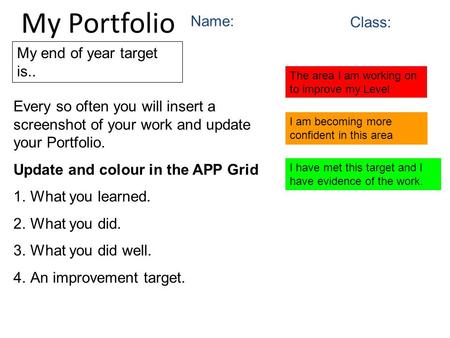 My Portfolio The area I am working on to improve my Level My end of year target is.. I am becoming more confident in this area I have met this target and.