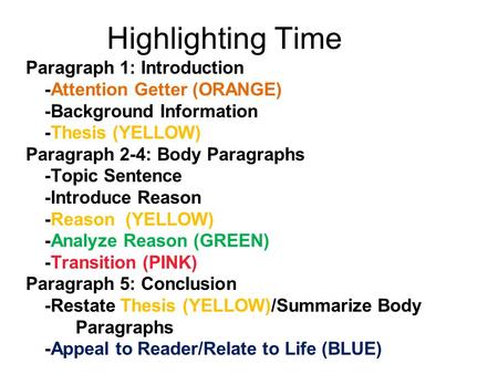 Highlighting Time Paragraph 1: Introduction -Attention Getter (ORANGE) -Background Information -Thesis (YELLOW) Paragraph 2-4: Body Paragraphs -Topic Sentence.