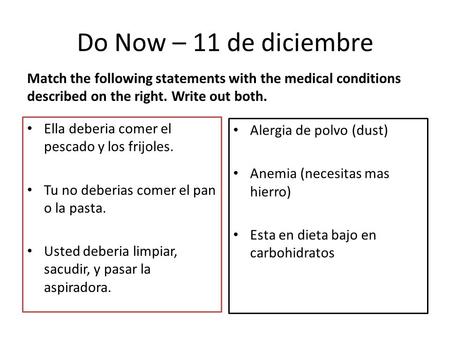 Do Now – 11 de diciembre Match the following statements with the medical conditions described on the right. Write out both. Ella deberia comer el pescado.