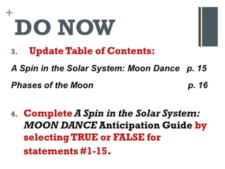 DO NOW Update Table of Contents: