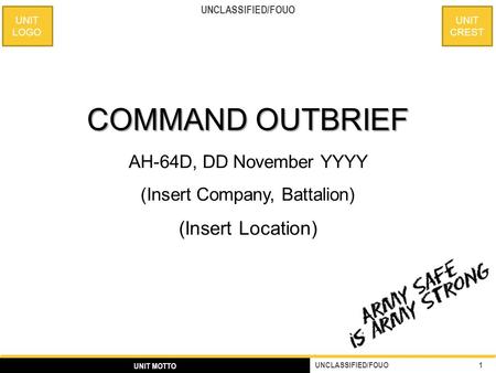 UNIT CREST UNIT LOGO 1 UNCLASSIFIED/FOUO UNIT MOTTO UNCLASSIFIED/FOUO COMMAND OUTBRIEF AH-64D, DD November YYYY (Insert Company, Battalion) (Insert Location)