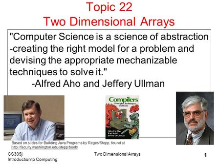 CS305j Introduction to Computing Two Dimensional Arrays 1 Topic 22 Two Dimensional Arrays Computer Science is a science of abstraction -creating the right.