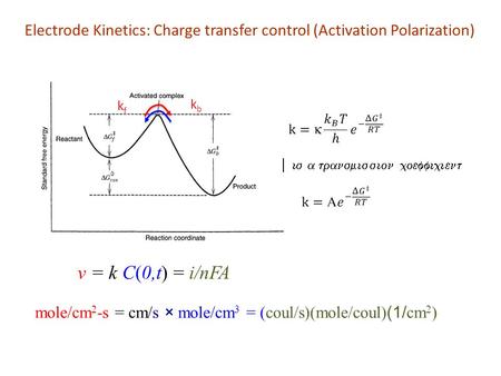 Kfkf kbkb v = k C(0,t) = i/nFA mole/cm 2 -s = cm/s × mole/cm 3 = (coul/s)(mole/coul) (1/ cm 2 )  Electrode Kinetics: Charge.