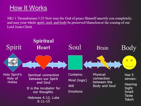 1 How It Works Spirit Spiritual Heart Soul Brain Body Has 5 senses: Hearing Sight Smell Taste Touch Contains: Mind (logic) Will Emotions Spiritual connection.