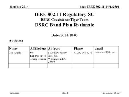 Doc.: IEEE 802.11-14/1335r1 Submission October 2014 Jim Arnold, US DoTSlide 1 IEEE 802.11 Regulatory SC DSRC Coexistence Tiger Team DSRC Band Plan Rationale.