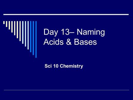 Day 13– Naming Acids & Bases Sci 10 Chemistry. What is an Acid?  Acid: a compound that makes hydrogen ions H + (aq) when dissolved in water i.e.: HCl.