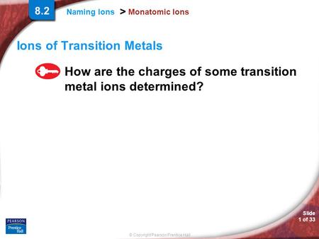 Slide 1 of 33 © Copyright Pearson Prentice Hall Naming Ions > Monatomic Ions Ions of Transition Metals How are the charges of some transition metal ions.