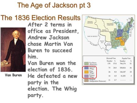 The 1836 Election Results After 2 terms in office as President, Andrew Jackson chose Martin Van Buren to succeed him. Van Buren won the election of 1836.