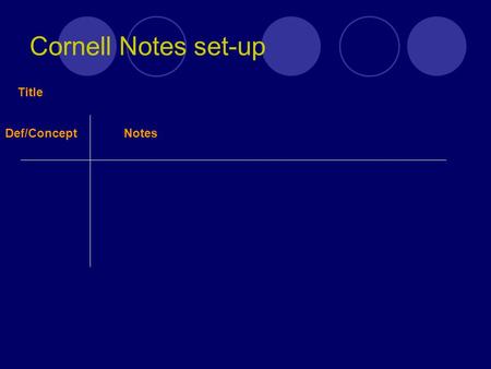 Cornell Notes set-up Def/ConceptNotes Title. Definition Science does: study of the problems of the natural world that can be understood by using the processes.