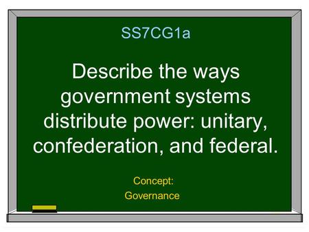 SS7CG1a Describe the ways government systems distribute power: unitary, confederation, and federal. Concept: Governance.