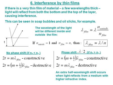6. Interference by thin films t No phase shift (if n 2 < n 1 ) Phase shift -_____ (if n 2 > n 1 ) If there is a very thin film of material – a few wavelengths.