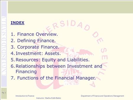 Introduction to Finance Department of Finance and Operations Management Instructor :Martha Edith Bellini Pg. 1 INDEX 1. Finance Overview. 2. Defining Finance.