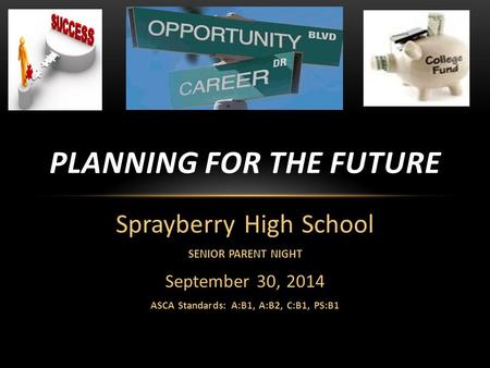 Sprayberry High School SENIOR PARENT NIGHT September 30, 2014 ASCA Standards: A:B1, A:B2, C:B1, PS:B1 PLANNING FOR THE FUTURE.