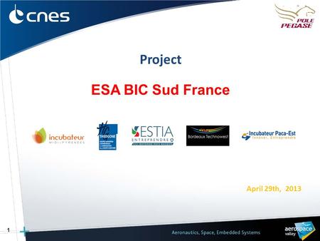 April 29th, 2013 Project ESA BIC Sud France 1. ■ Situation for Southern France Numerous plans of actions and structures for supporting generalist firms.