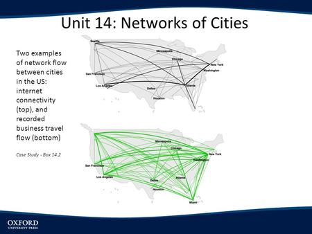 Unit 14: Networks of Cities Two examples of network flow between cities in the US: internet connectivity (top), and recorded business travel flow (bottom)
