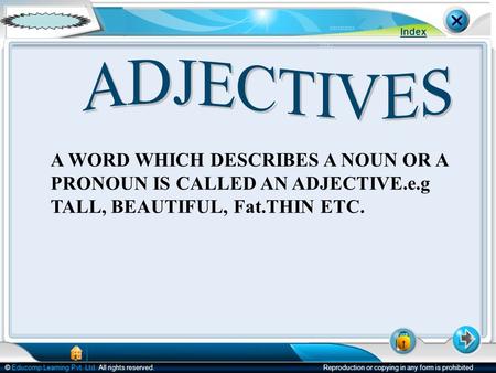 © Educomp Learning Pvt. Ltd. All rights reserved.Reproduction or copying in any form is prohibited Index A WORD WHICH DESCRIBES A NOUN OR A PRONOUN IS.