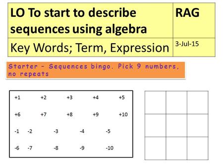 LO To start to describe sequences using algebra RAG Key Words; Term, Expression 3-Jul-15 Starter – Sequences bingo. Pick 9 numbers, no repeats.