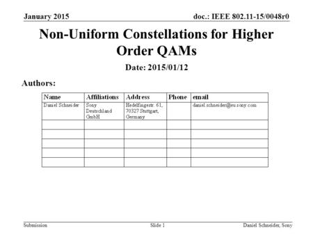 Doc.: IEEE 802.11-15/0048r0 Submission January 2015 Daniel Schneider, SonySlide 1 Non-Uniform Constellations for Higher Order QAMs Date: 2015/01/12 Authors: