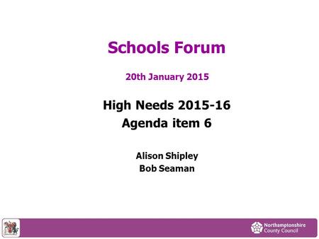 20th January 2015 High Needs 2015-16 Agenda item 6 Alison Shipley Bob Seaman Schools Forum.