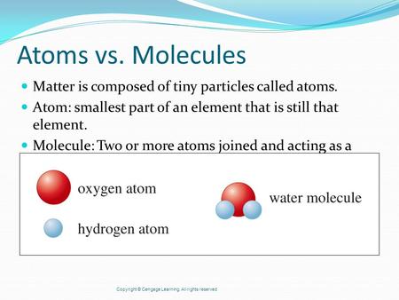 Atoms vs. Molecules Matter is composed of tiny particles called atoms. Atom: smallest part of an element that is still that element. Molecule: Two or more.