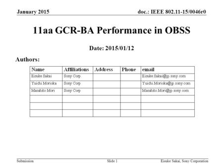 Doc.: IEEE 802.11-15/0046r0 Submission January 2015 Eisuke Sakai, Sony CorporationSlide 1 11aa GCR-BA Performance in OBSS Date: 2015/01/12 Authors: