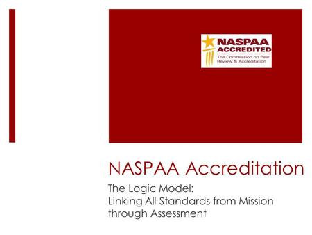 NASPAA Accreditation The Logic Model: Linking All Standards from Mission through Assessment.