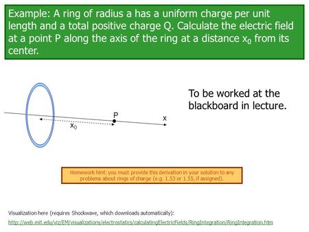 Example: A ring of radius a has a uniform charge per unit length and a total positive charge Q. Calculate the electric field at a point P along the axis.