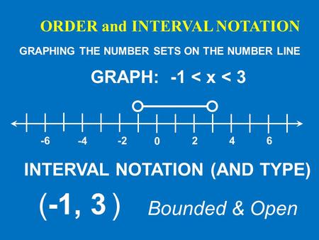 ORDER and INTERVAL NOTATION GRAPHING THE NUMBER SETS ON THE NUMBER LINE GRAPH: -1 < x < 3 0 246-2 -4 -6 INTERVAL NOTATION (AND TYPE) (-1, 3 ) Bounded &