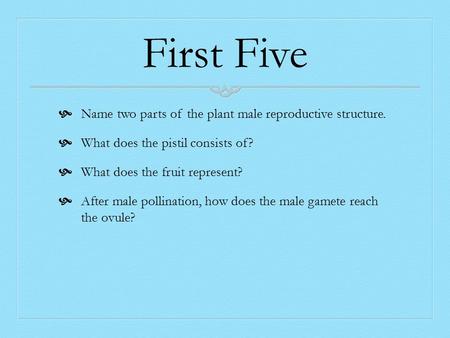 First Five  Name two parts of the plant male reproductive structure.  What does the pistil consists of?  What does the fruit represent?  After male.