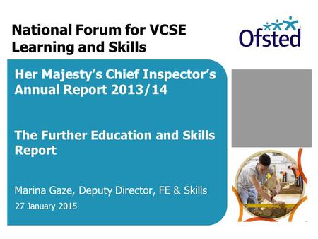 National Forum for VCSE Learning and Skills Her Majesty’s Chief Inspector’s Annual Report 2013/14 The Further Education and Skills Report Marina Gaze,