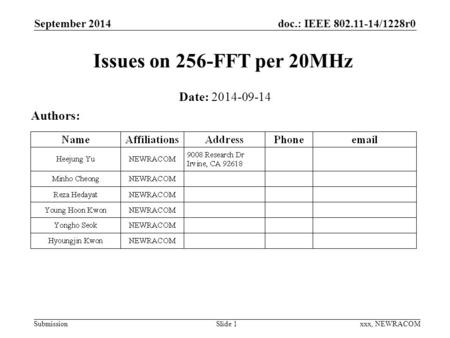 Doc.: IEEE 802.11-14/1228r0 Submission September 2014 xxx, NEWRACOM Issues on 256-FFT per 20MHz Date: 2014-09-14 Authors: Slide 1.