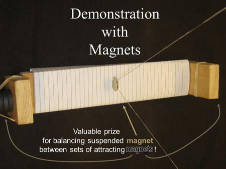 Demonstration with Magnets Valuable prize for balancing suspended magnet between sets of attracting ma gnt!