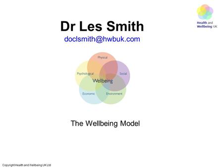 Health and Wellbeing UK Copyright Health and Wellbeing UK Ltd Dr Les Smith The Wellbeing Model.