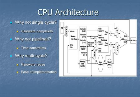 CPU Architecture Why not single cycle? Why not single cycle? Hardware complexity Hardware complexity Why not pipelined? Why not pipelined? Time constraints.