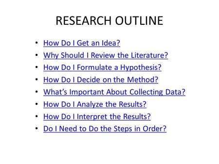 RESEARCH OUTLINE How Do I Get an Idea? Why Should I Review the Literature? How Do I Formulate a Hypothesis? How Do I Decide on the Method? What’s Important.