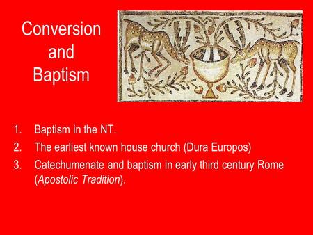 Conversion and Baptism 1.Baptism in the NT. 2.The earliest known house church (Dura Europos) 3.Catechumenate and baptism in early third century Rome (