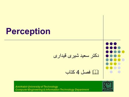 Perception Amirkabir University of Technology Computer Engineering & Information Technology Department دکتر سعید شیری قیداری  فصل 4 کتاب.
