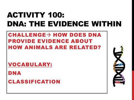 ACTIVITY 100: DNA: THE EVIDENCE WITHIN CHALLENGE  HOW DOES DNA PROVIDE EVIDENCE ABOUT HOW ANIMALS ARE RELATED? VOCABULARY: DNA CLASSIFICATION.